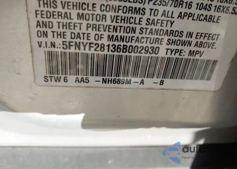 2006 Honda Pilot Lx из США, поврежденный, VIN 5FNYF28136B002930